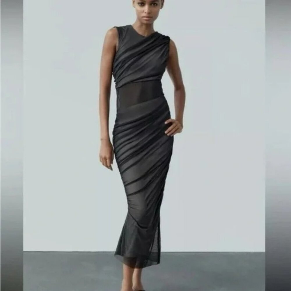 Zara Black Sheer-Panel Ruched Maxi Dress